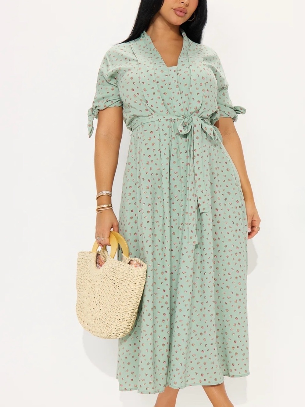 Fashion Nova Mint Green Floral Tie-Waist Midi Dress